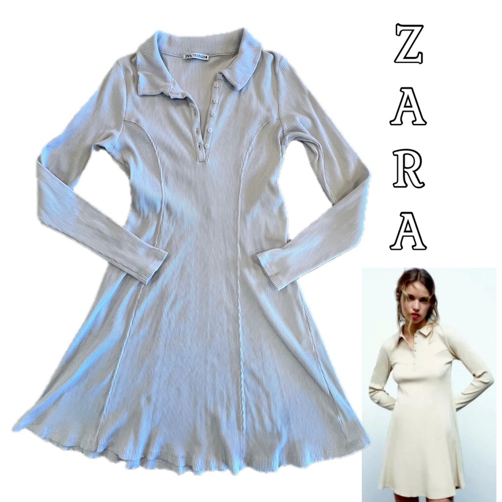 Zara Polo Ribbed Knit Stretch Long Sleeve Mini Dress Beige Sand Sz XL